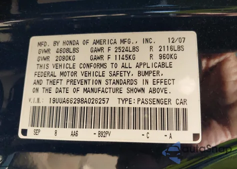 2008 Acura Tl 3.2 z USA, uszkodzony, nr VIN 19UUA66298A026257